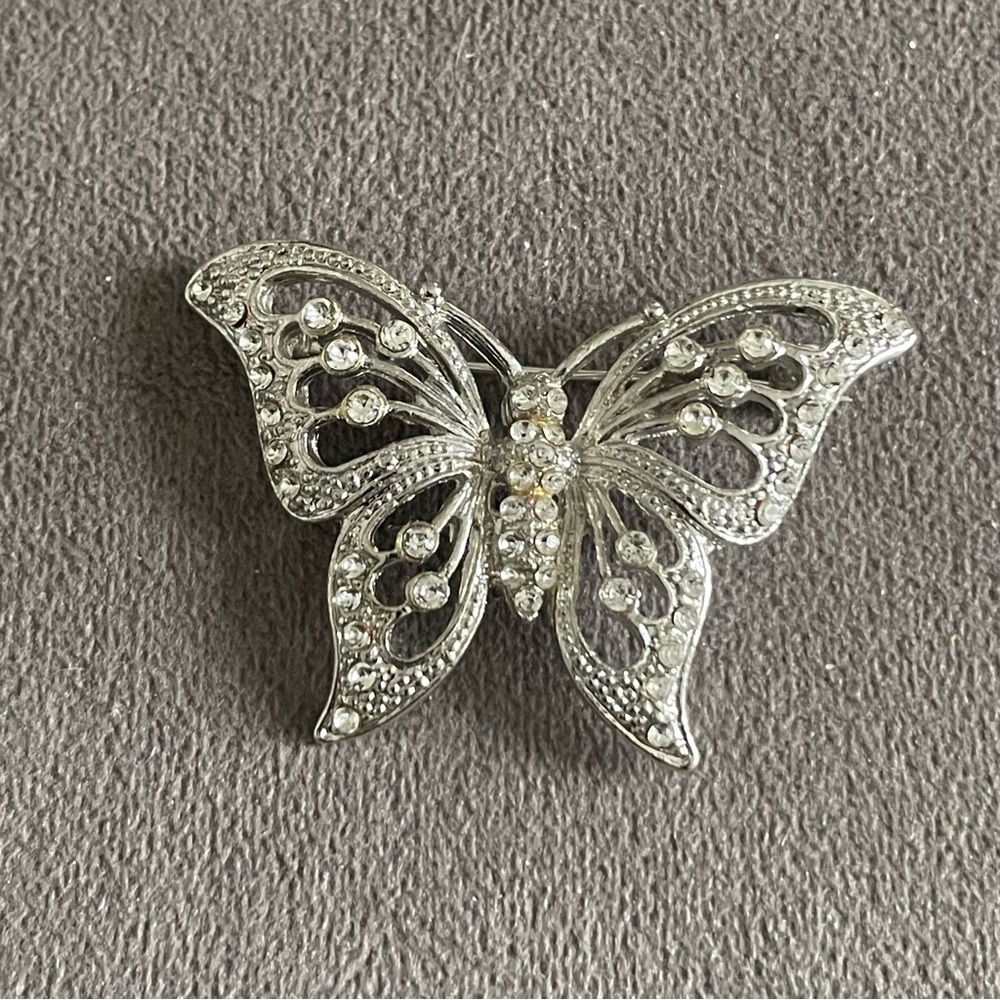 Vintage Silver Tone Rhinestone Butterfly Brooch